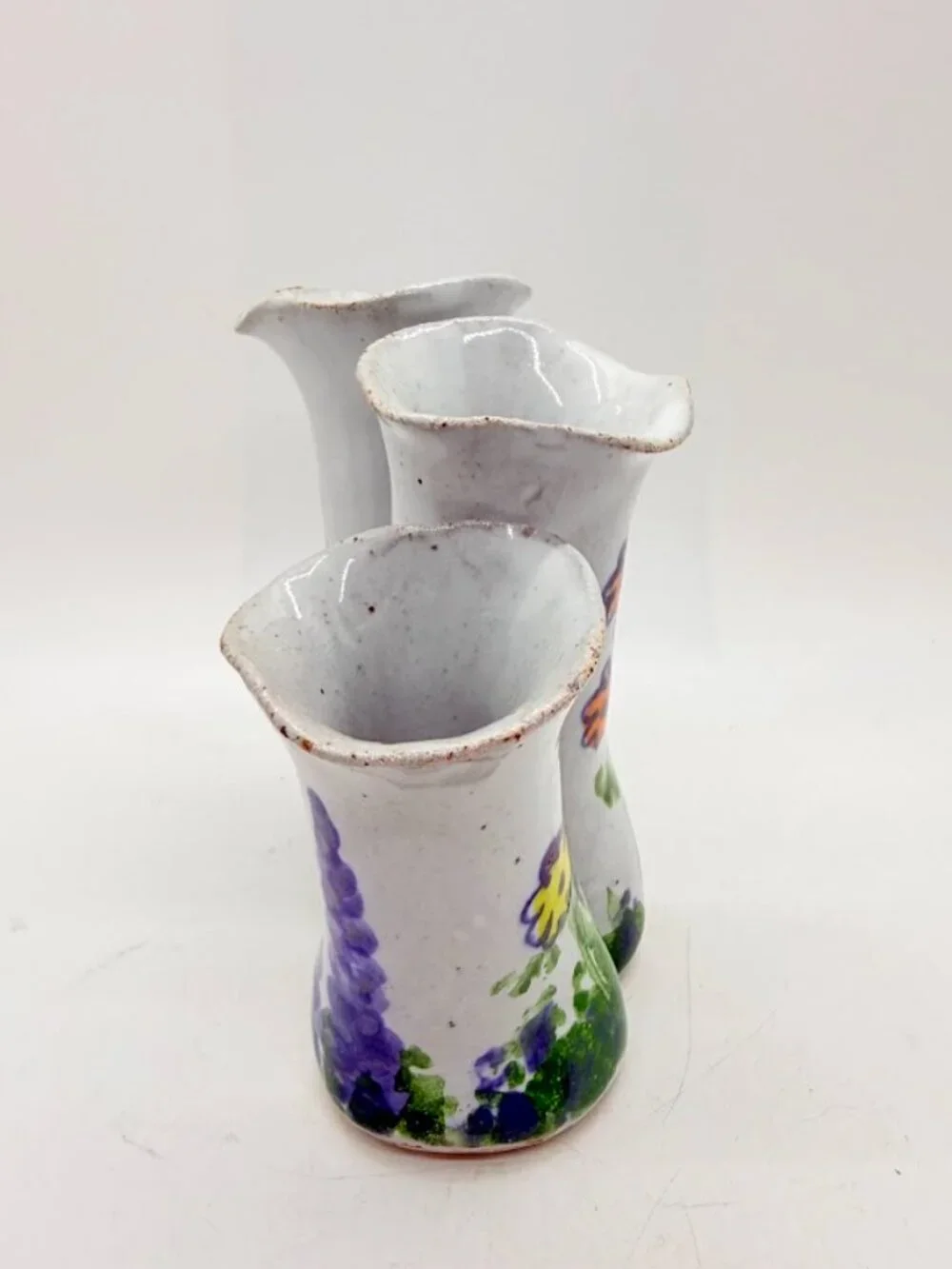 Studio Art Pottery Bud Vase 3-Finger Cluster Speckled Stoneware Signed Hull